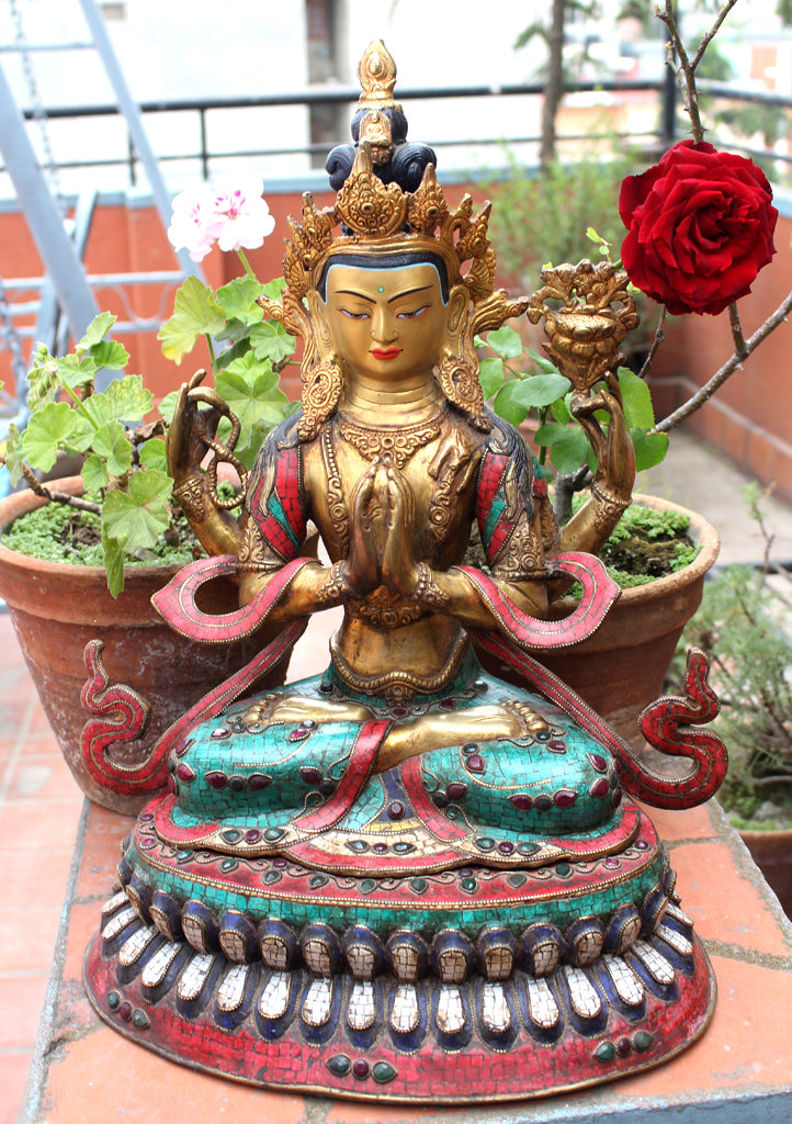19" High Chenrezig Statue Inlaid Turquoise and Stone - nepacrafts