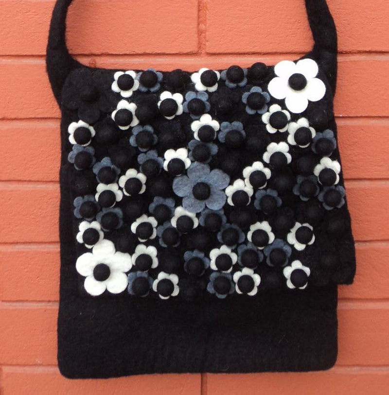 Black Flower Felt Shoulder Bag - nepacrafts