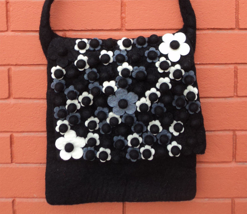 Black Flower Felt Shoulder Bag - nepacrafts