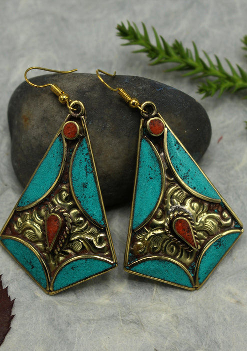 Handmade Diamond Shaped Turquoise and Coral Resin Inlaid Mirr Hook Earrings