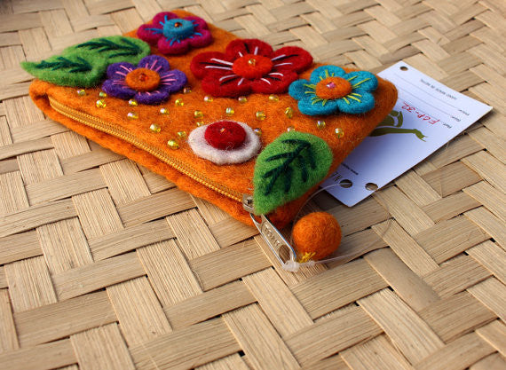 Felt Coin Purse decorated with flower & Beads - nepacrafts