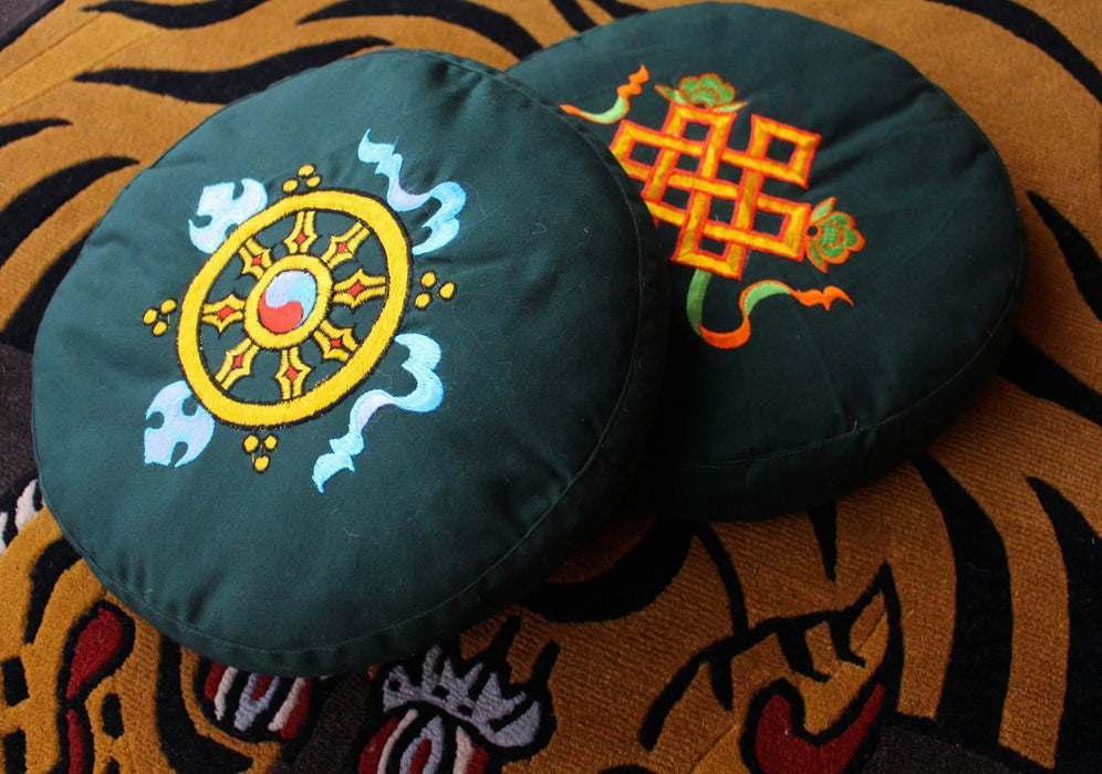 Dharma Chakra Embroidered Round Meditation Cushion - nepacrafts