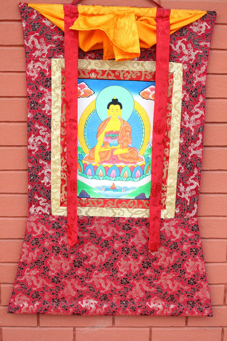 Silk Brocade Framed Shakyamuni Buddha Thangka - nepacrafts