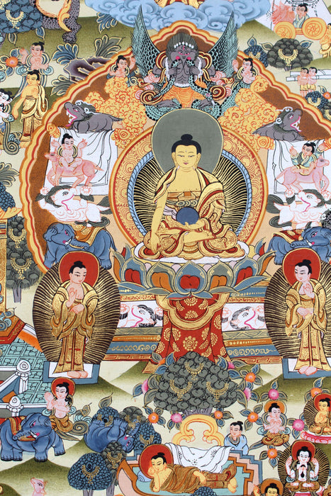 Silk Brocade Framed Life of Buddha Thangka - nepacrafts
