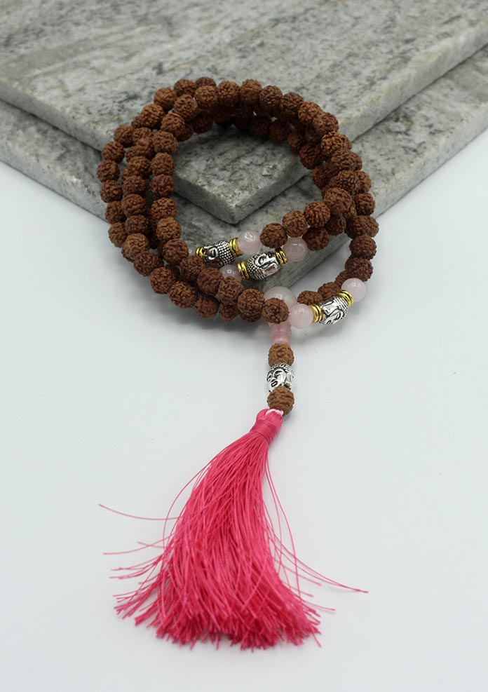 108 Rudraksha Mala with White Metal Buddha Spacer