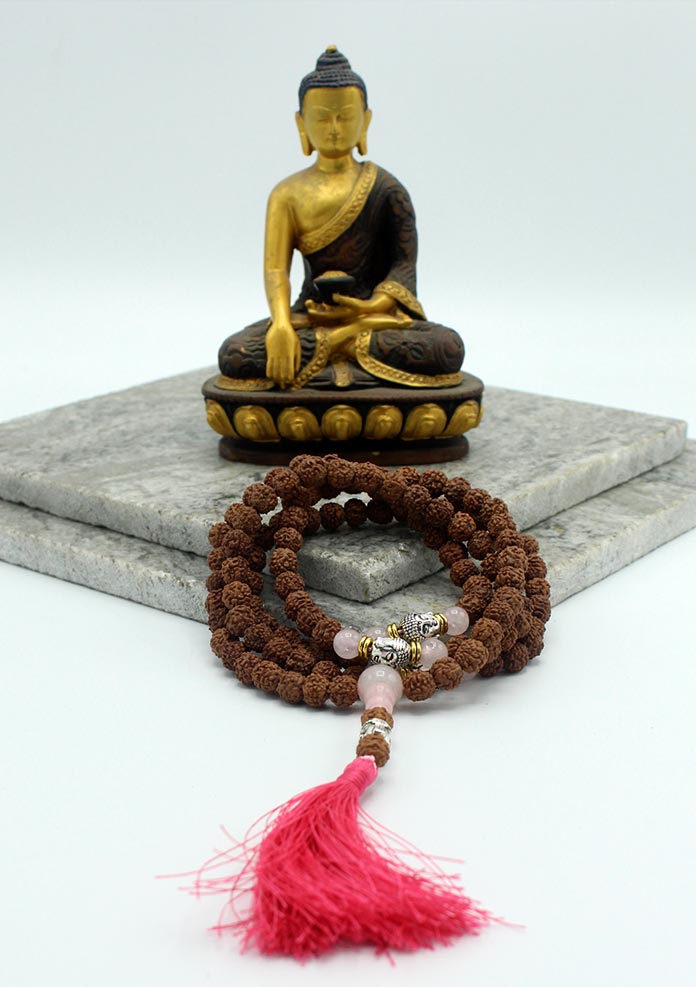 108 Rudraksha Mala with White Metal Buddha Spacer