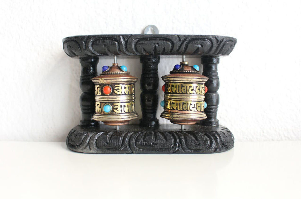 Copper Dual Prayer Wheel with Wooden Frame - nepacrafts