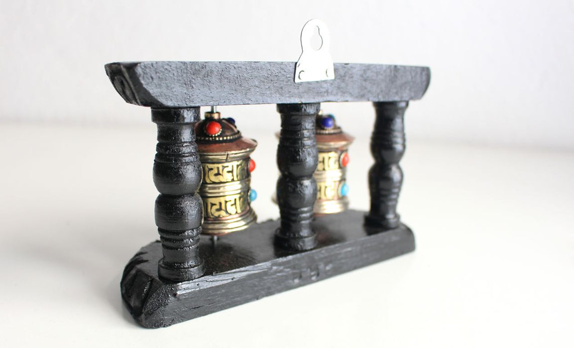 Copper Dual Prayer Wheel with Wooden Frame - nepacrafts