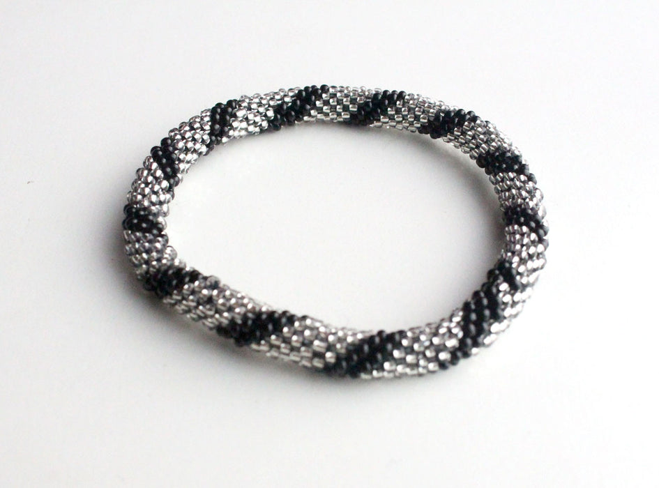 Black Silver Hand Crocheted Roll On Bracelet - nepacrafts