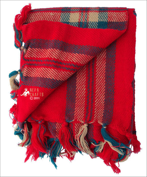 Check Yak Shawl Red - nepacrafts
