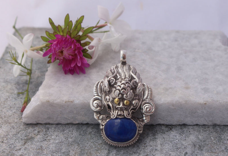 Dragon Head Lapis Lazuli Silver Sterling Pendant - nepacrafts