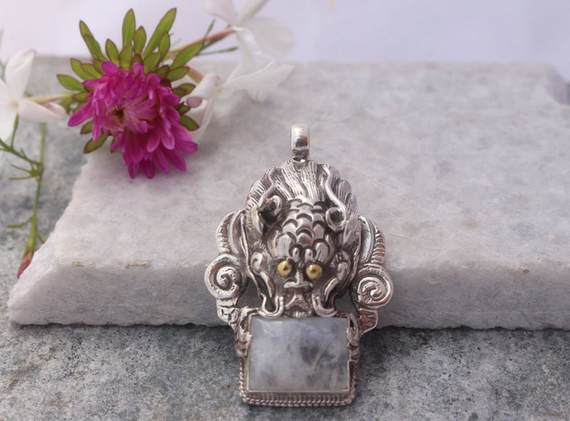 Sterling Silver Dragon Tibetan Pendant with Crystal Quartz - nepacrafts
