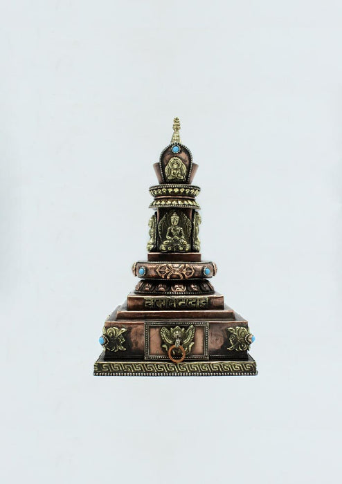 Copper Dhyani Buddhas Stupa Chorten with Incense Burner 9" High