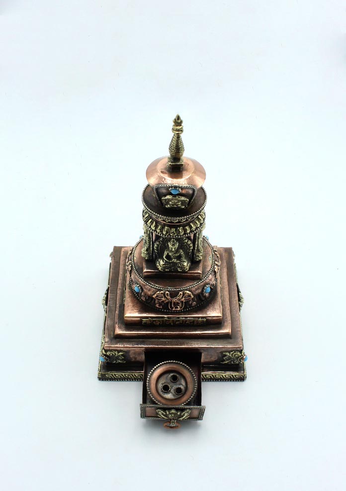 Copper Dhyani Buddhas Stupa Chorten with Incense Burner 9" High