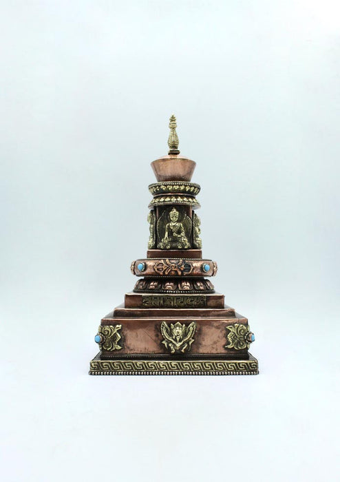 Copper Dhyani Buddhas Stupa Chorten with Incense Burner 9" High