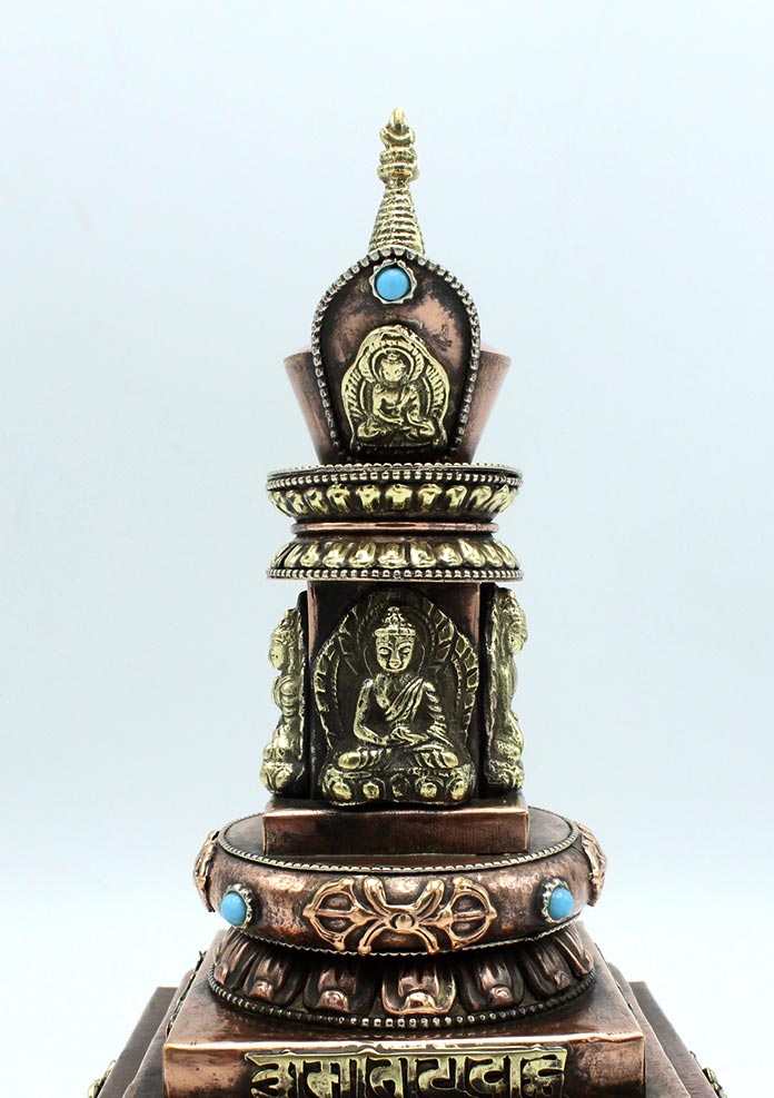 Copper Dhyani Buddhas Stupa Chorten with Incense Burner 9" High