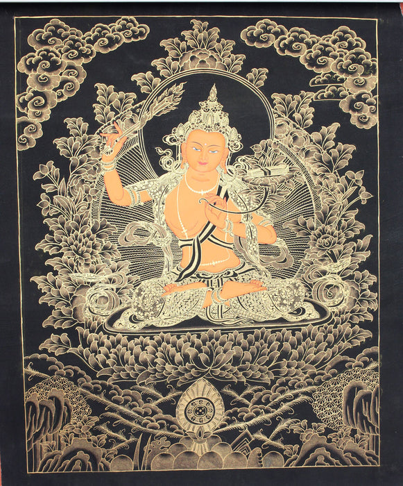 Wisdom God Manjushri Golden Thangka 58x45cm - nepacrafts