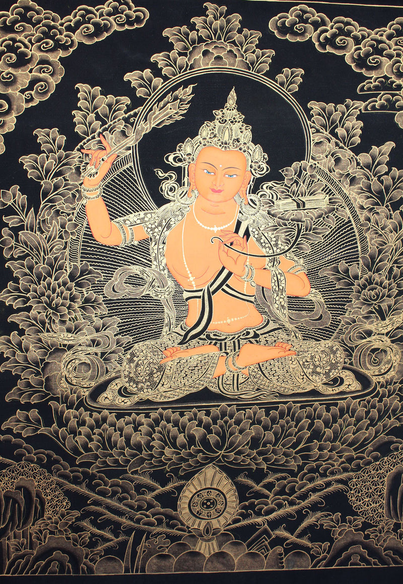 Wisdom God Manjushri Golden Thangka 58x45cm - nepacrafts