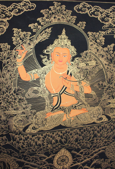 Wisdom God Manjushri Golden Thangka 58x45cm - nepacrafts