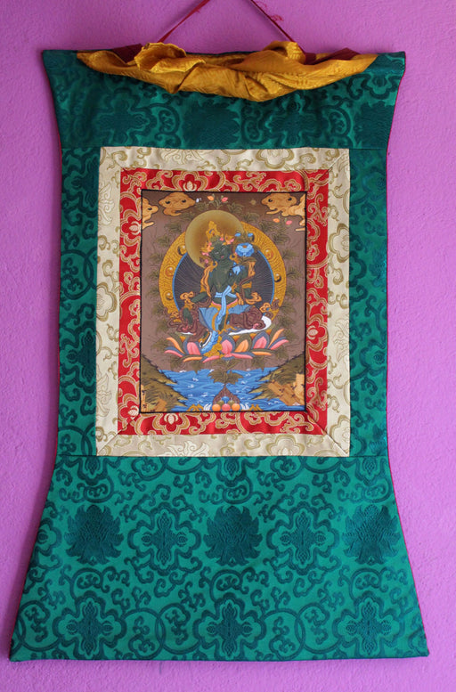 Silk Brocade Framed Green Tara Thangka - nepacrafts