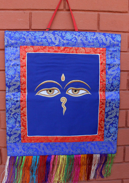Buddha Eyes Embroidery Brocade Framed Wall Hanging - nepacrafts