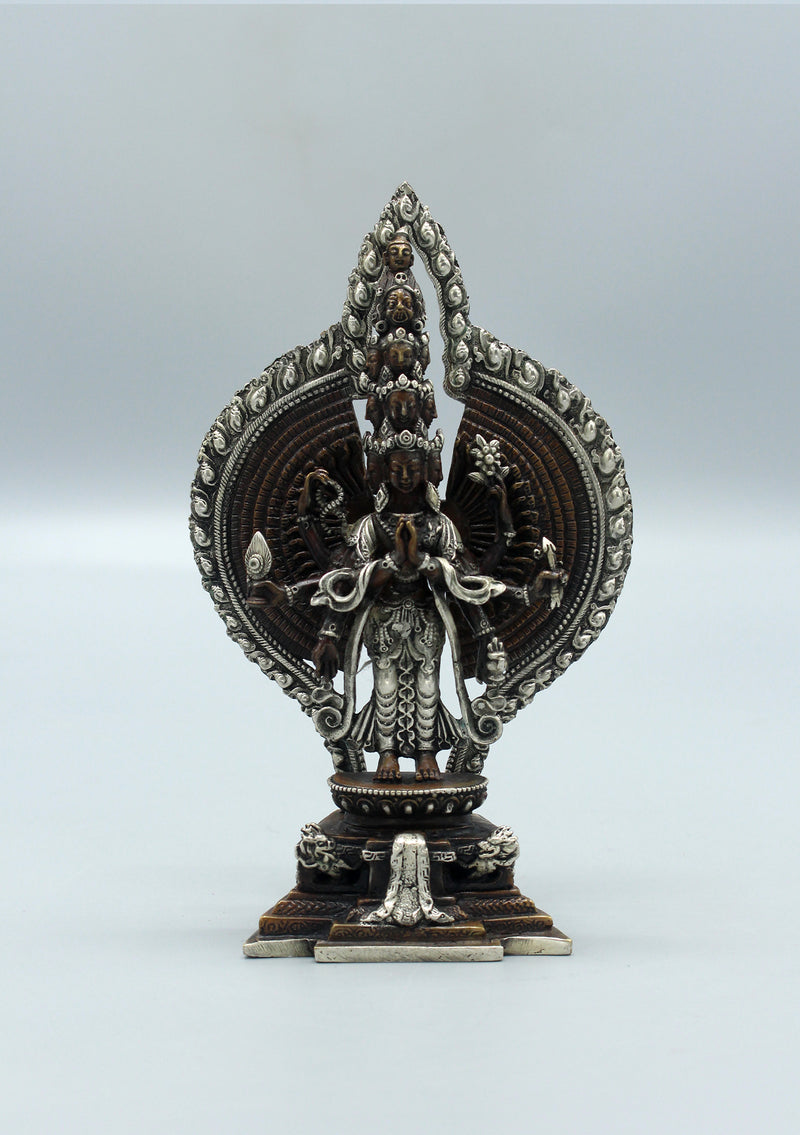 Tibetan Avalokiteshvara Copper Statue with Silver Robe 6"