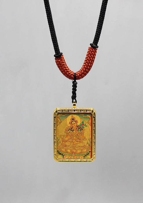Tibetan Goddess White Tara Hand Painted Mini Thangka Amulet Pendant