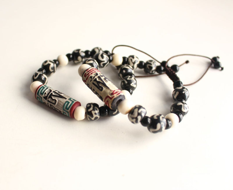 Om Etched Bone Bracelet with Om Mani Stone Charm - nepacrafts