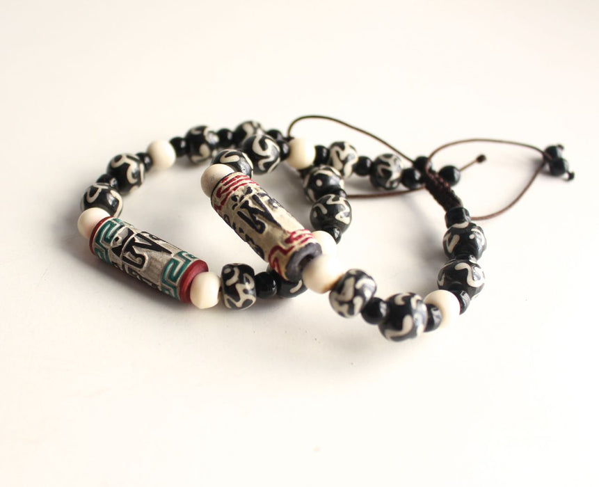 Om Etched Bone Bracelet with Om Mani Stone Charm - nepacrafts