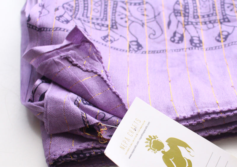 Cotton Meditation Scarf with Elephant Print, Purple Jari Shawl/Scarf - nepacrafts