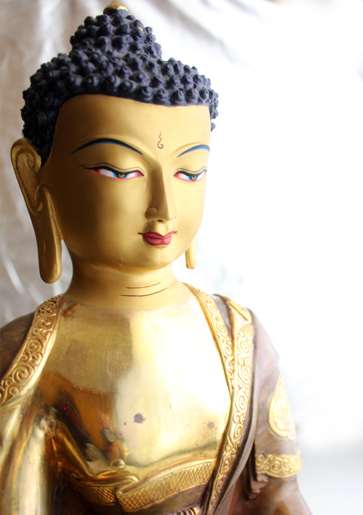 Gold Plated 17" Medicine Buddha Statue, Flower Carved and Double Lotus - nepacrafts