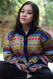 Hand knit Sweater Blue Red Combo Color Cardigans Jackets - nepacrafts