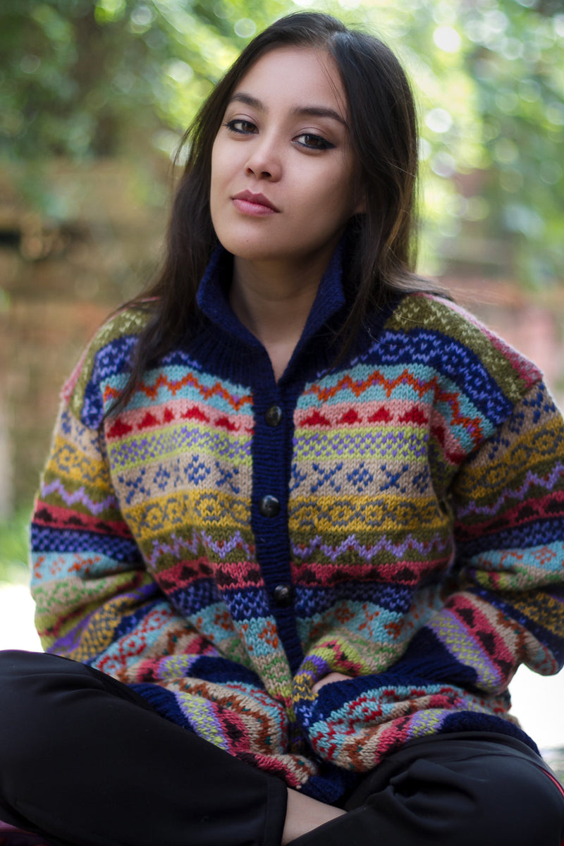 Hand knit Sweater Blue Red Combo Color Cardigans Jackets - nepacrafts