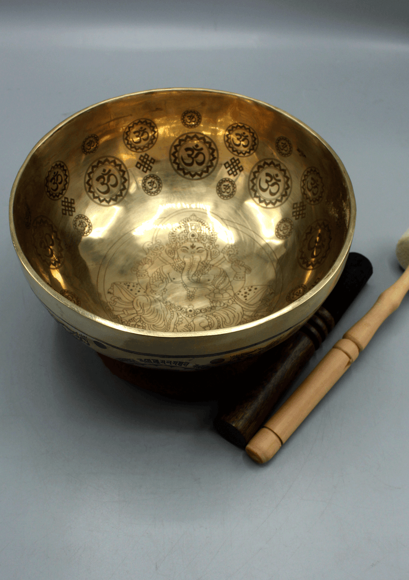 Handmade Ganesha Etched Gulpa Singing Bowl with Om Mandala