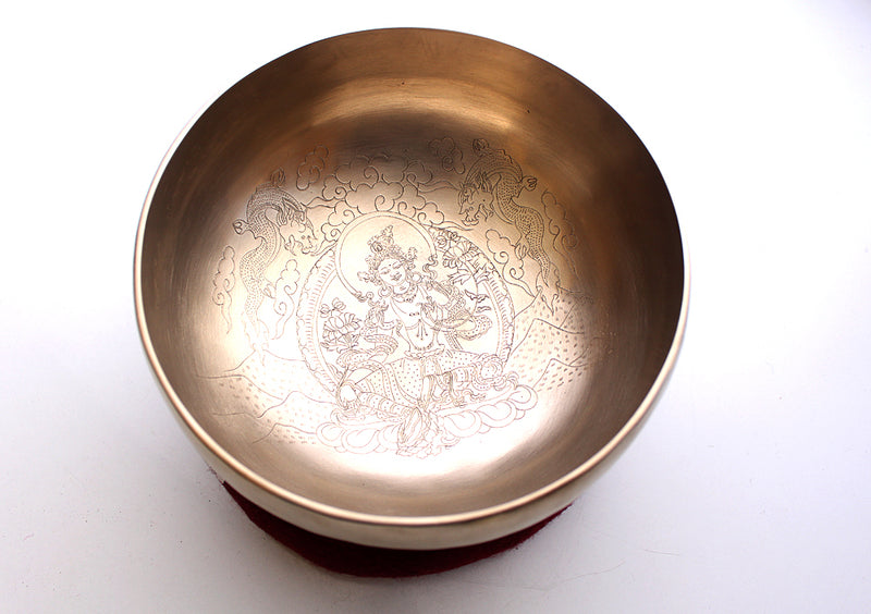 Green Tara with Dragon Carved Hand Hammered Singing Bowl 7.5" - nepacrafts