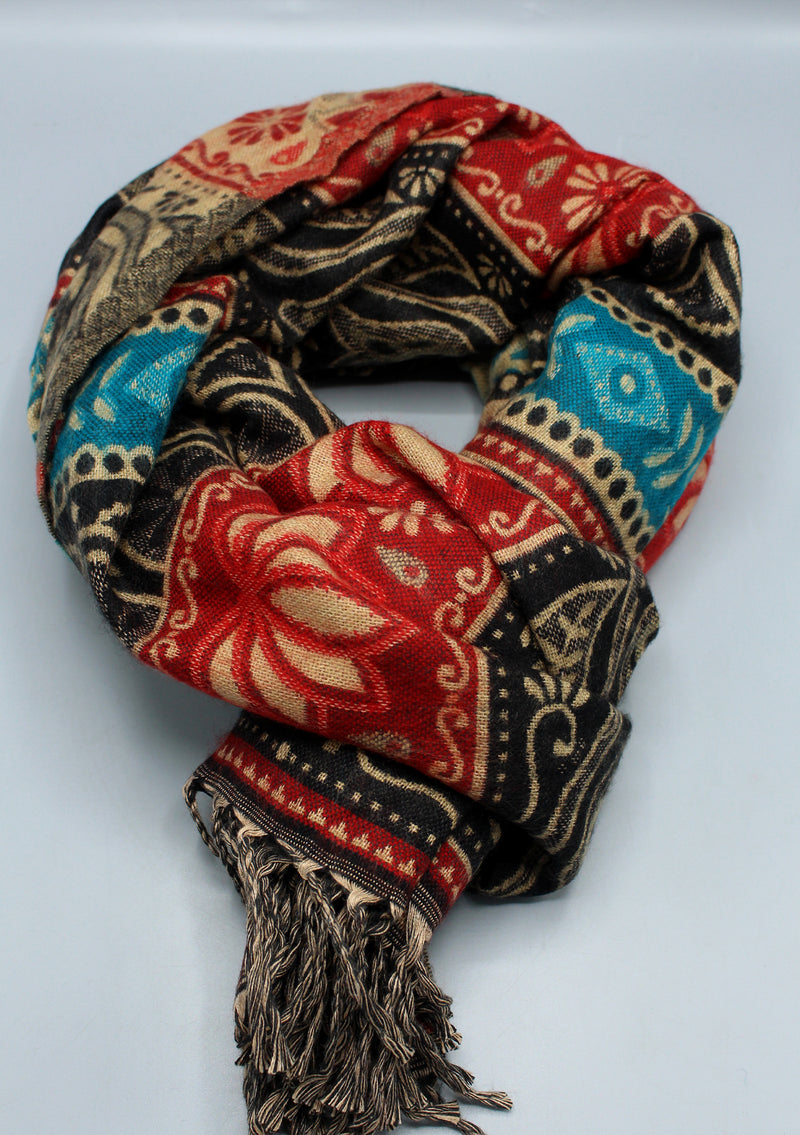 Red Lotus Design Black and Green Multi Color Yak Wool Shawl