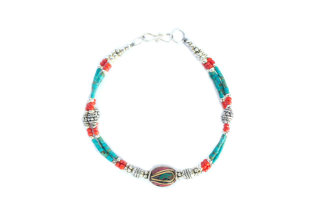 Turquoise and Coral Beads Tibetan Wrist Bracelet - nepacrafts