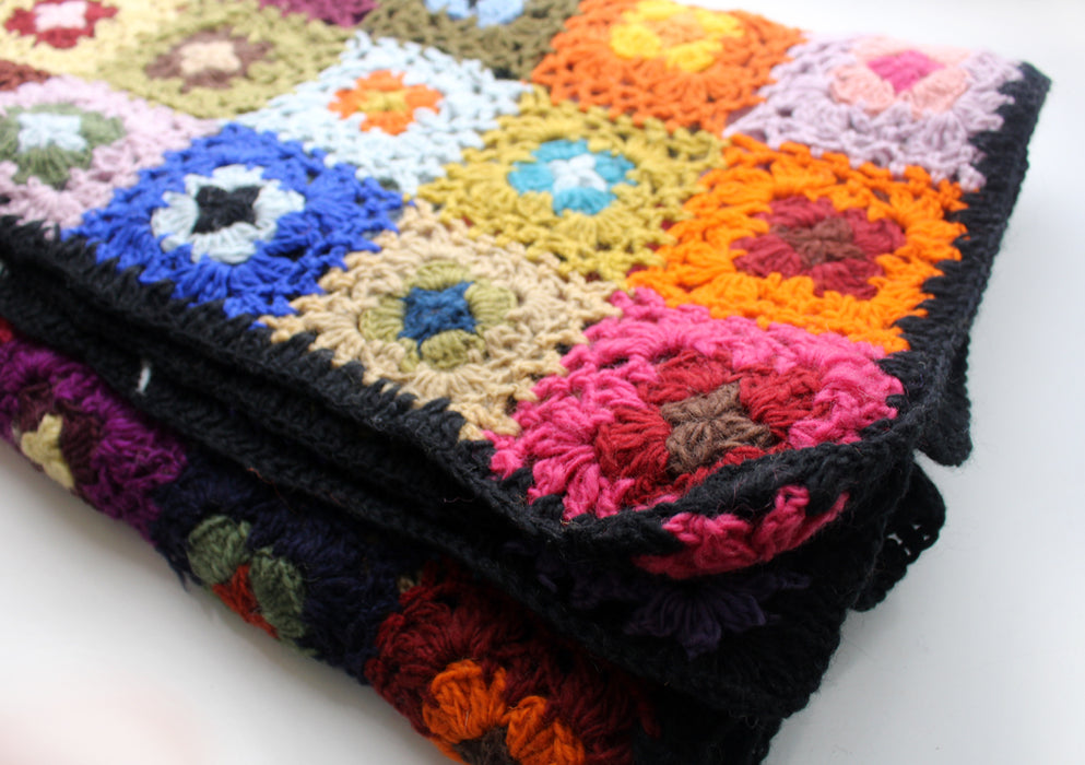 Square Multicolor Flower Pattern Hand Crochet Woolen Blanket/Throw - nepacrafts
