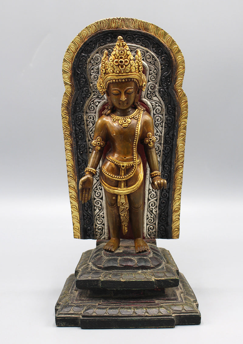 Gold Plated Copper Oxidized Lokeshwor Statue on Wooden Frame and Base