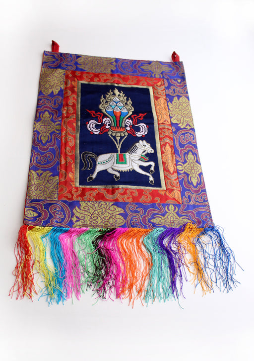 Tibetan Windhorse Silk Brocade Wall Hanging Banner with Colorful Tassel - nepacrafts