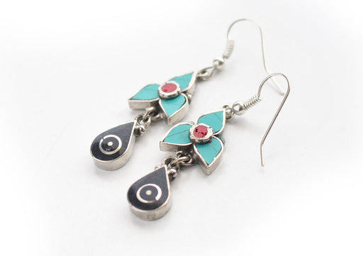 Turquoise and Coral Inlaid Flower Drop White Metal Earrings - nepacrafts