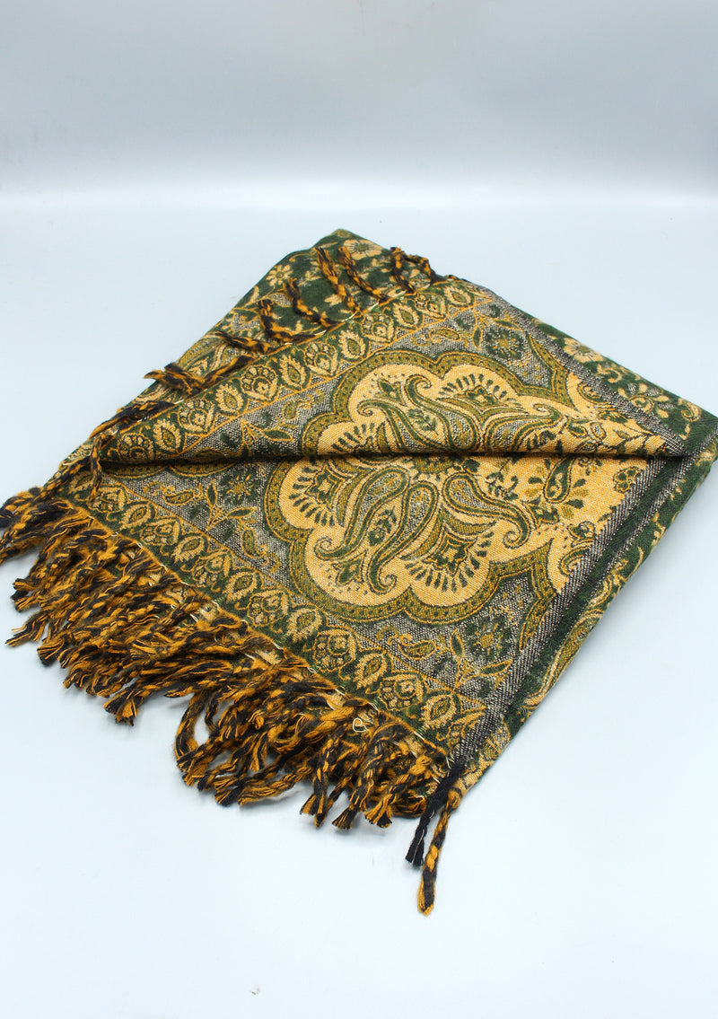 Handloomed Floral Leaves Forest Green Yak Wool Shawl