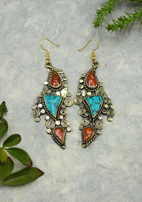 Handmade Leaf Shaped Turquoise and Coral Inlaid Mirr Hook Earrings