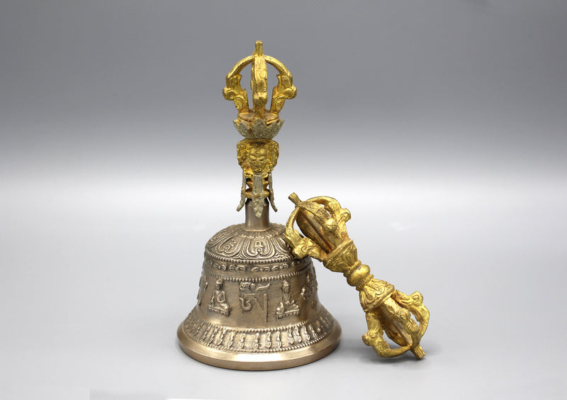 Pancha Buddha Carving Tibetan Bell and Dorjee Set - nepacrafts