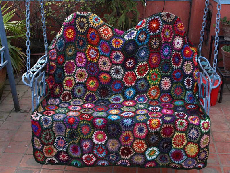 Beautifully Hand Crocheted Green Multi Color Woolen Blanket