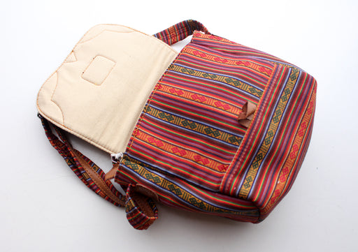 Bhutanese Fabric Multicolor Side Carry Cotton Bag With Leather Edging - nepacrafts