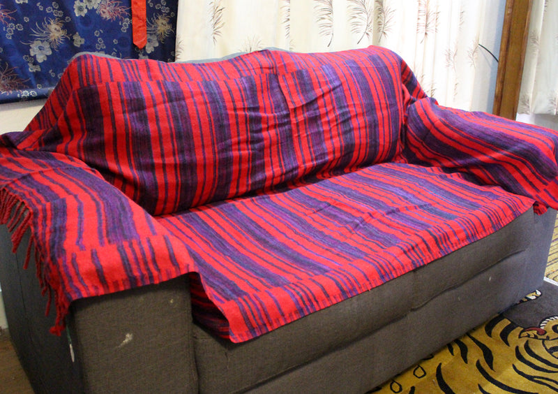 Dark Blue Lining Red Himalayan Woolen Shawl - nepacrafts
