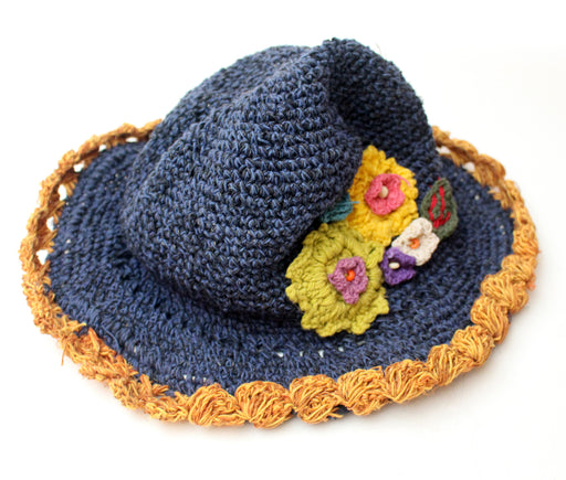 Navy Blue Flower Hemp Hat - nepacrafts
