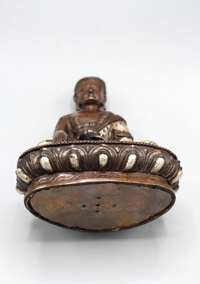Flower Carving Copper Oxidized Shakyamuni Buddha Silver Inlaid Statue