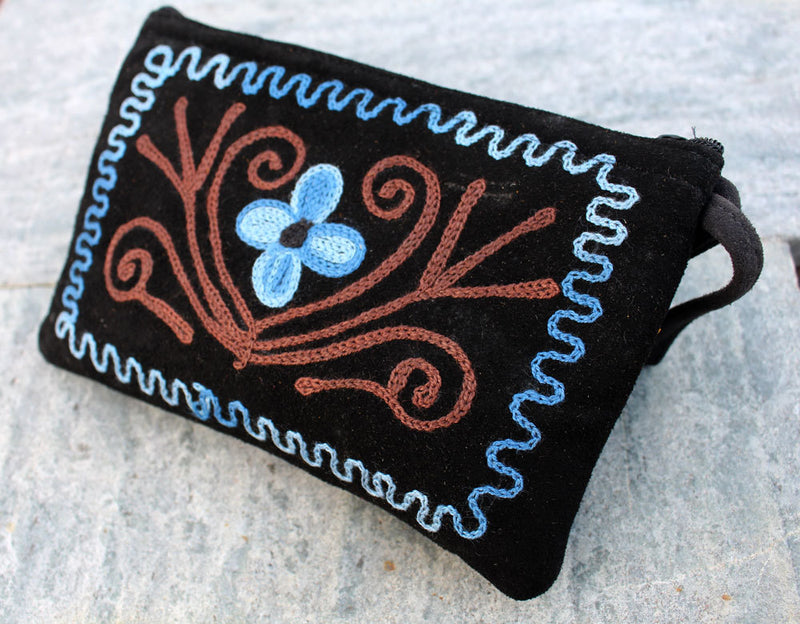 Soft Suede Flower Pattern Embroidered Handmade Coin Purse - nepacrafts